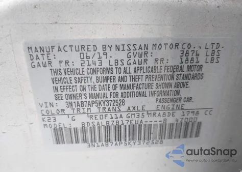 2019 Nissan Sentra S из США, поврежденный, VIN 3N1AB7AP5KY372528